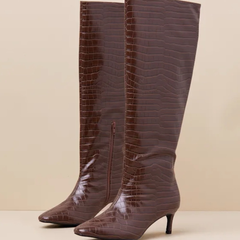 NEVER WORN Lulus Rohmer Chocolate Croc-embossed Over-the-knee Boots Brown - Picture 2 of 2